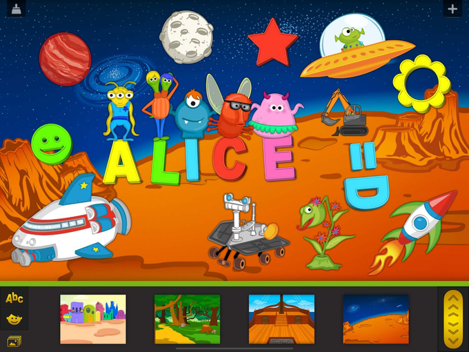 Sfondo paesaggio lunare e personaggi piccoli alieni colorati